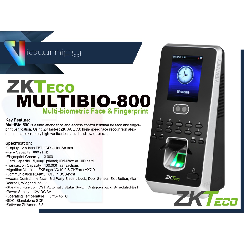 Zkteco Multibio Multi Biometric Face Fingerprint Viewmify Ph