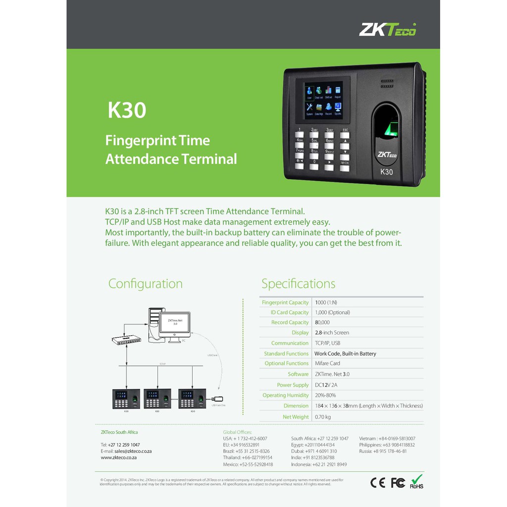 Zkteco K Fingerprint Recognition Device For Time Attendance