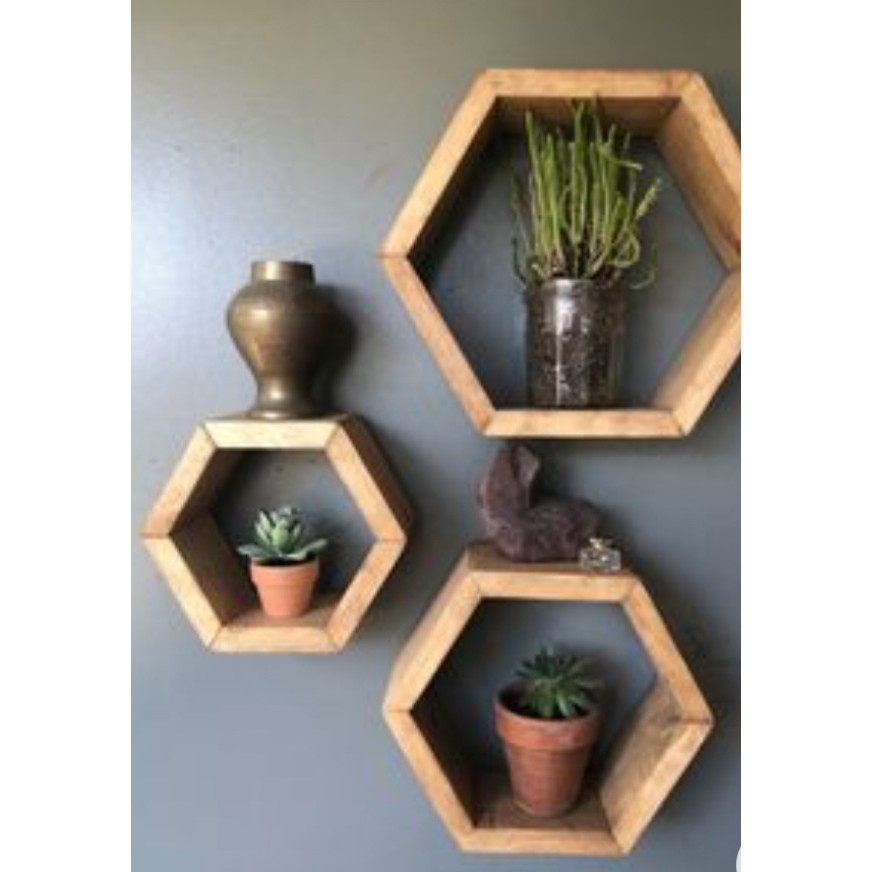 Neo Kraft 3 Piece Set Hexagon Wood Honeycomb Shelf Planter Wall