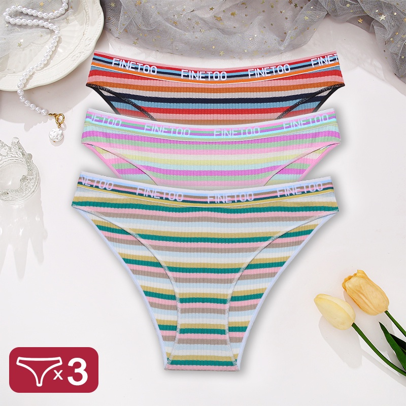 Finetoo 3 Pcs Set Cotton Panty For Women Sexy Lingerie Rainbow Color