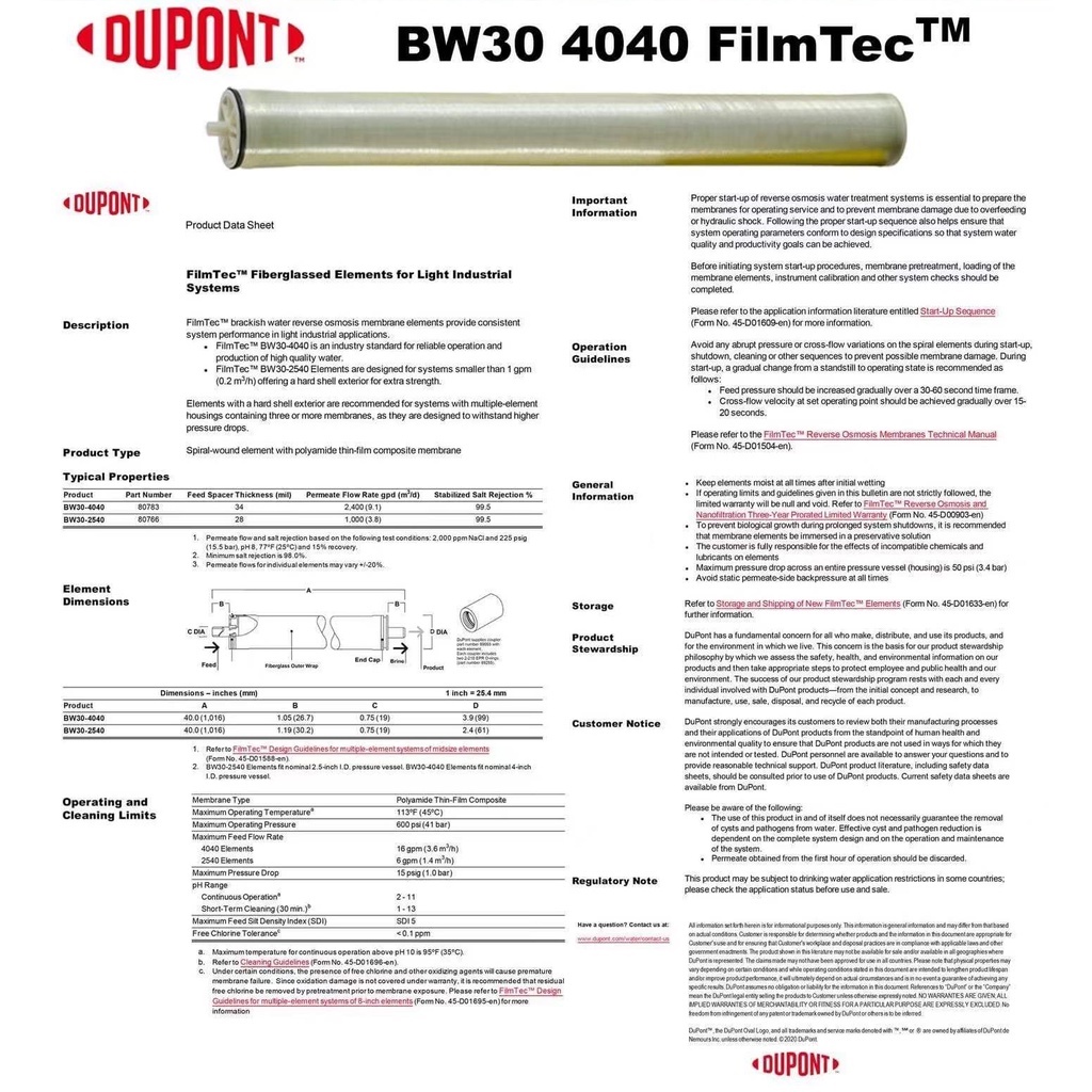 DUPONT FILMTEC LCLE PRO 4040 BW30 PRO 4040 Reverse Osmosis Membrane