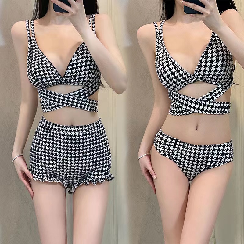 Korean Beach Wear Bikini Houndstooth Split 2 Piece Swimsuit Set Slim