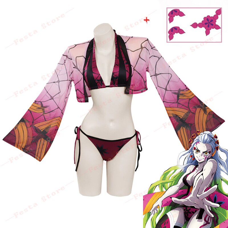 Anime Demon Slayer Daki Swimsuit Bikini Set Tattoo Stickers Sexy Pink