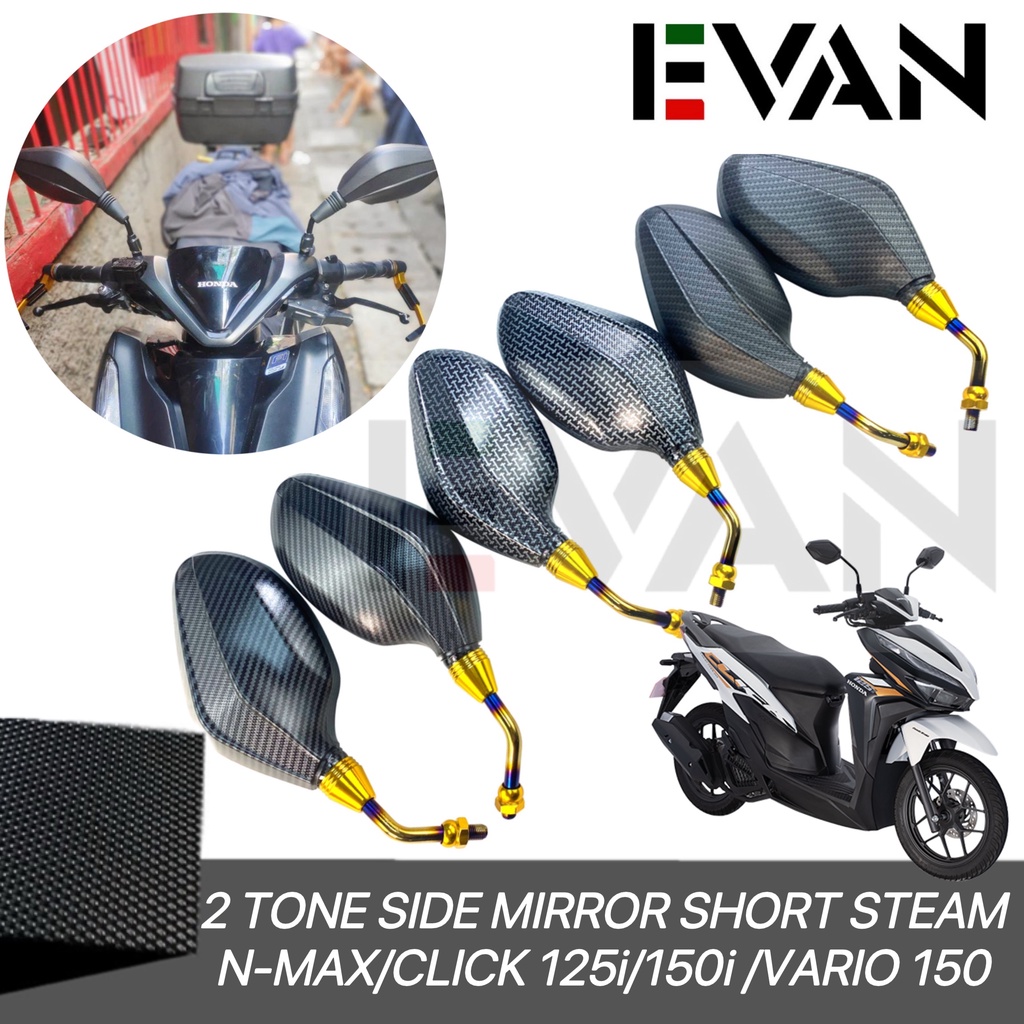 2 Tone Carbon Side Mirror Short Stem For Honda Click 125i 150i Vario