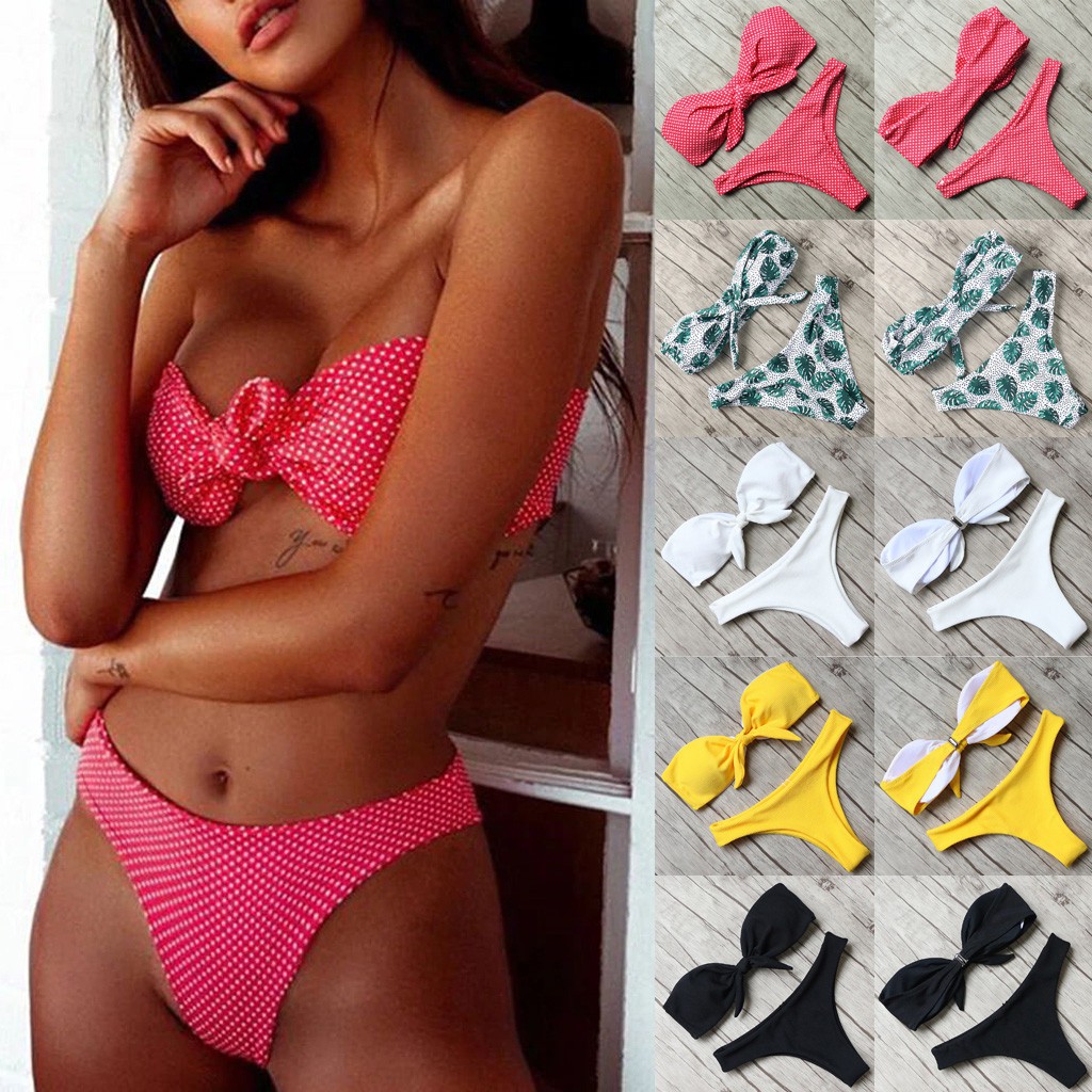 Ladymiss Women S Sexy Solid Bow Tie High Cut Bandeau Bikini Set Two