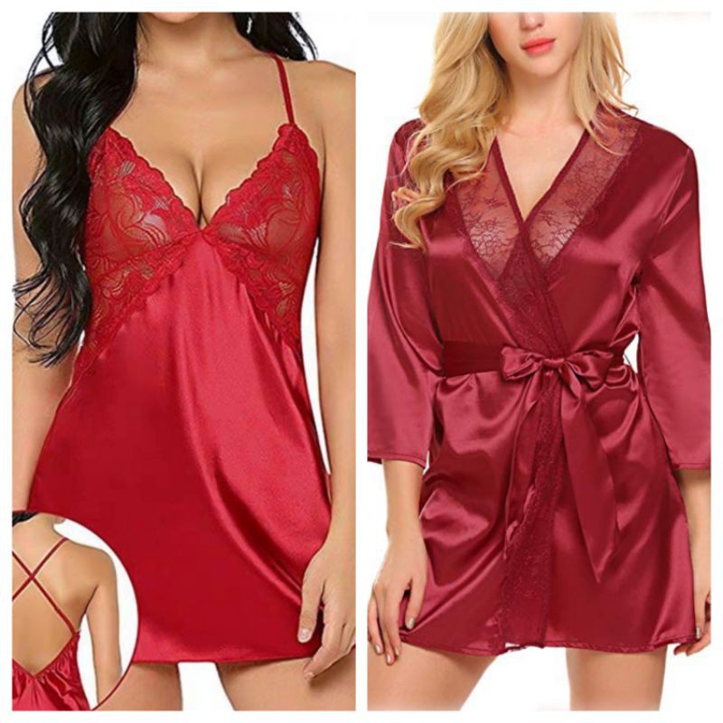 Letta Lingeri Satin Kimono Lingerie Set Sexy Linjeri Red Color B