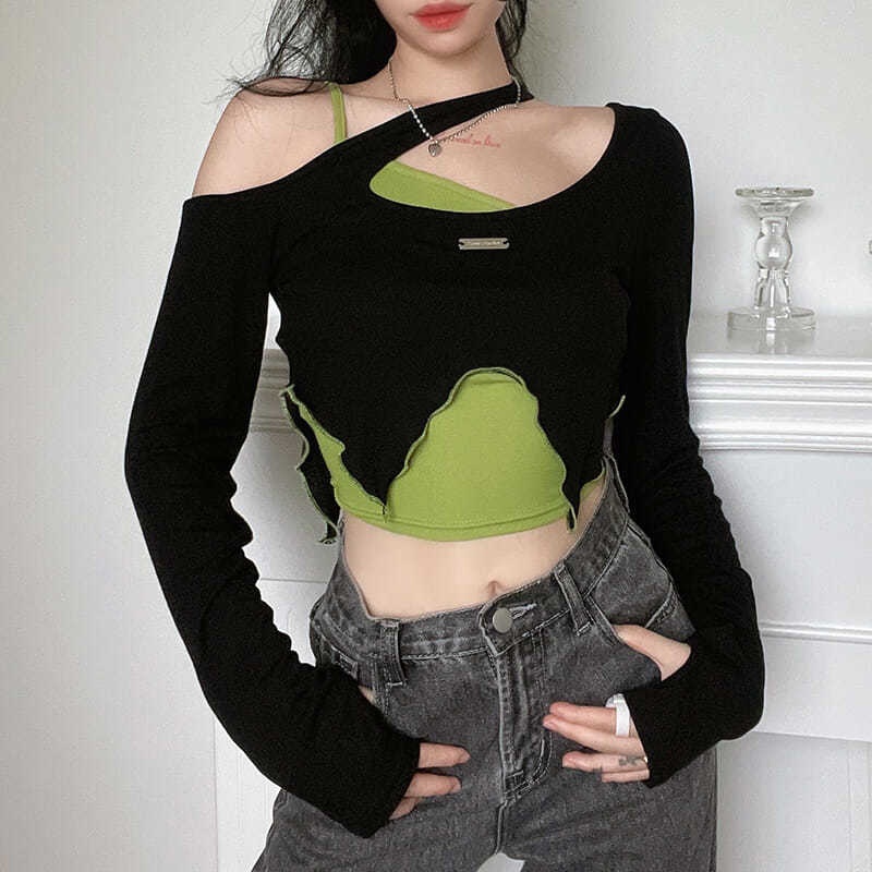 Design Sense Hot Girl Contrast Color Sexy Two Piece Top Slim Fit All Match Irregular Off The
