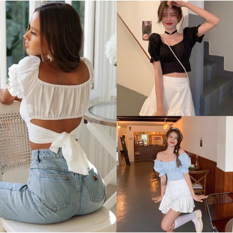 KILY PH Square Neck Tops Back Bow Crop Top Korean Style BOW 6A0222