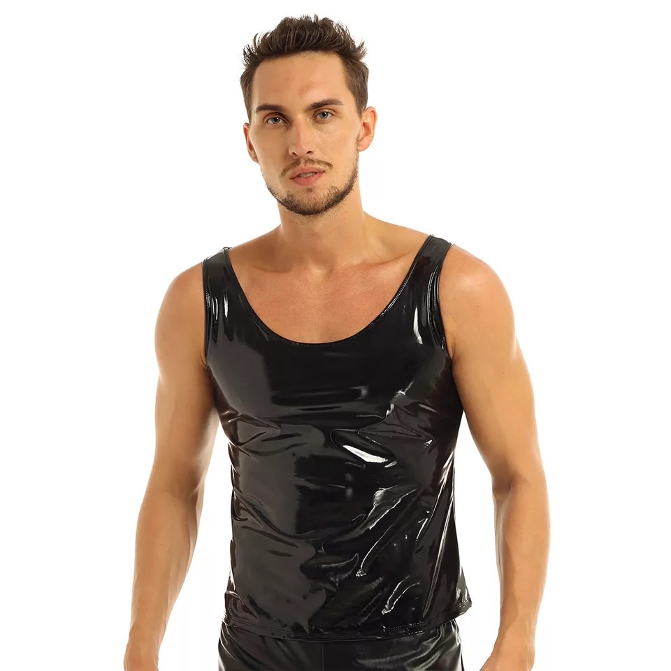 Mens Glossy PVC Leather Tank Shirts Sleeveless Sexy Shaping Casual Tops