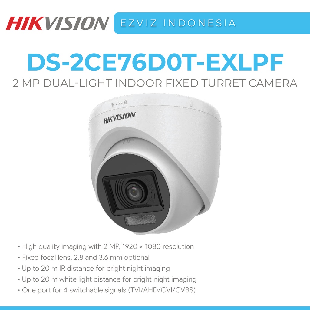 Hikvision DS 2CE76D0T EXLPF 2MP DUAL LIGHT INDOOR FIXED TURRET CAMERA