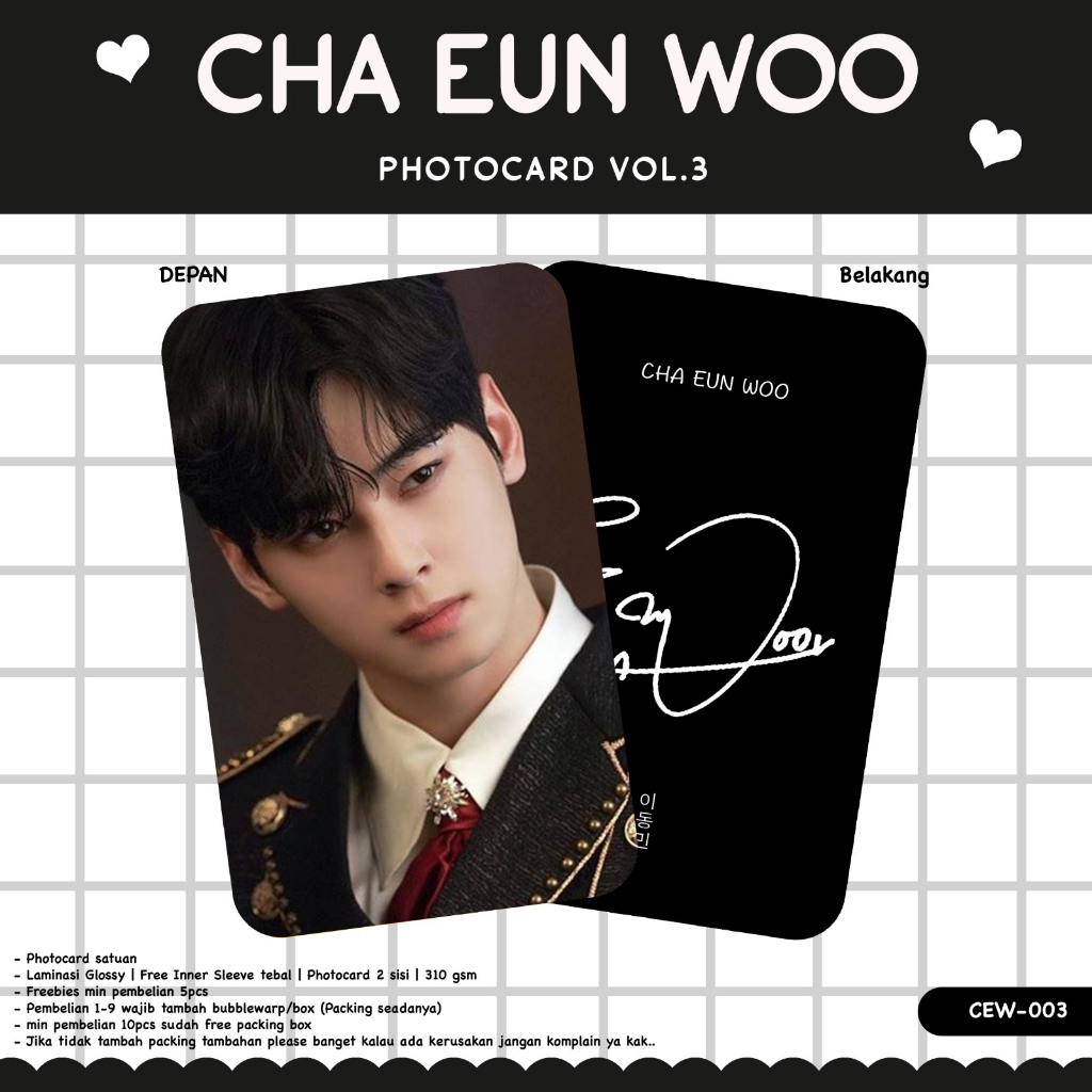 Photocard CHA EUN WOO VOL 2 And VOL 3 Signature KPOP IDOL GLOSSY Front