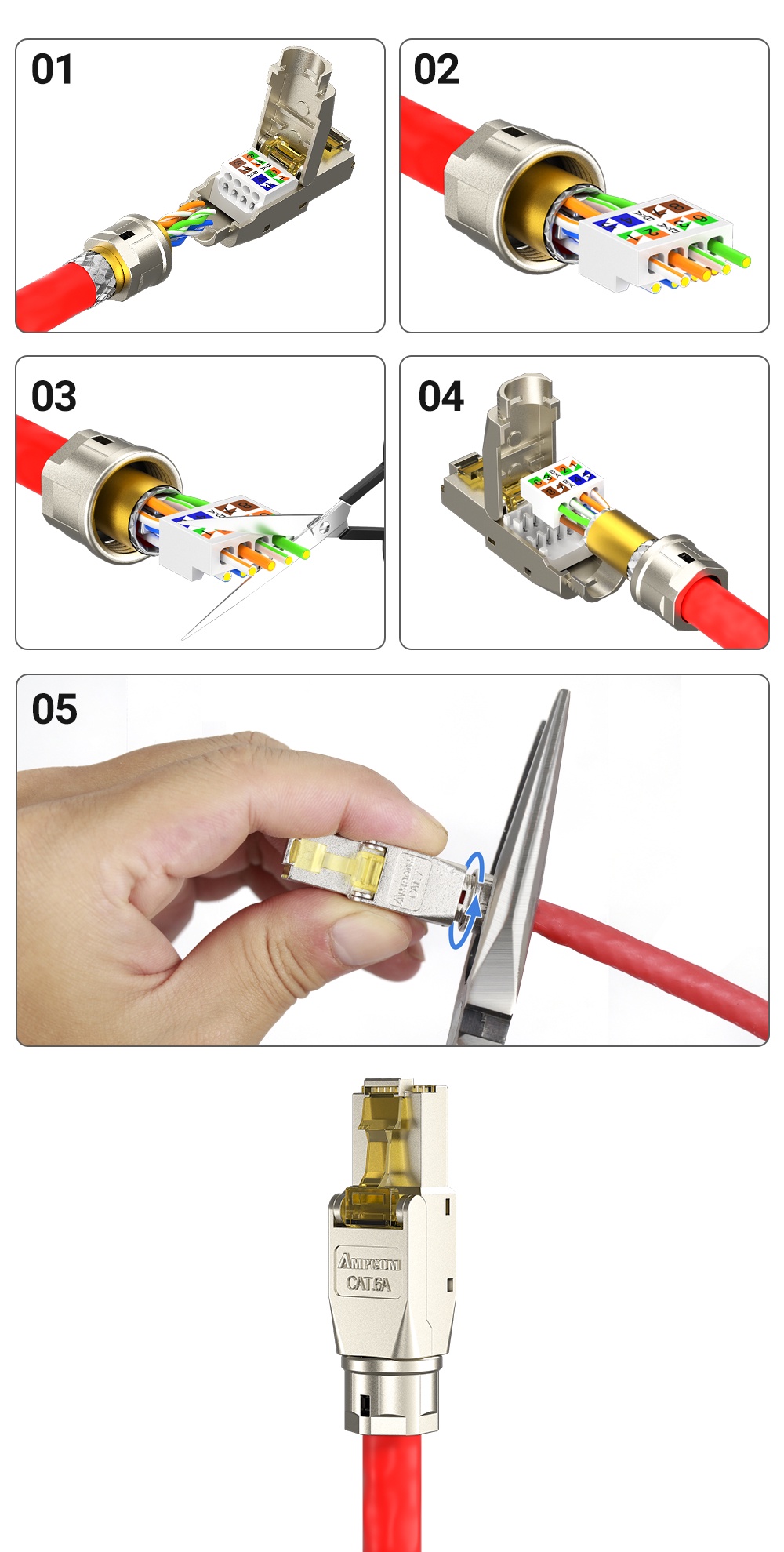 Ampcom Toolless Rj Connector Cat A Tool Free Reusable