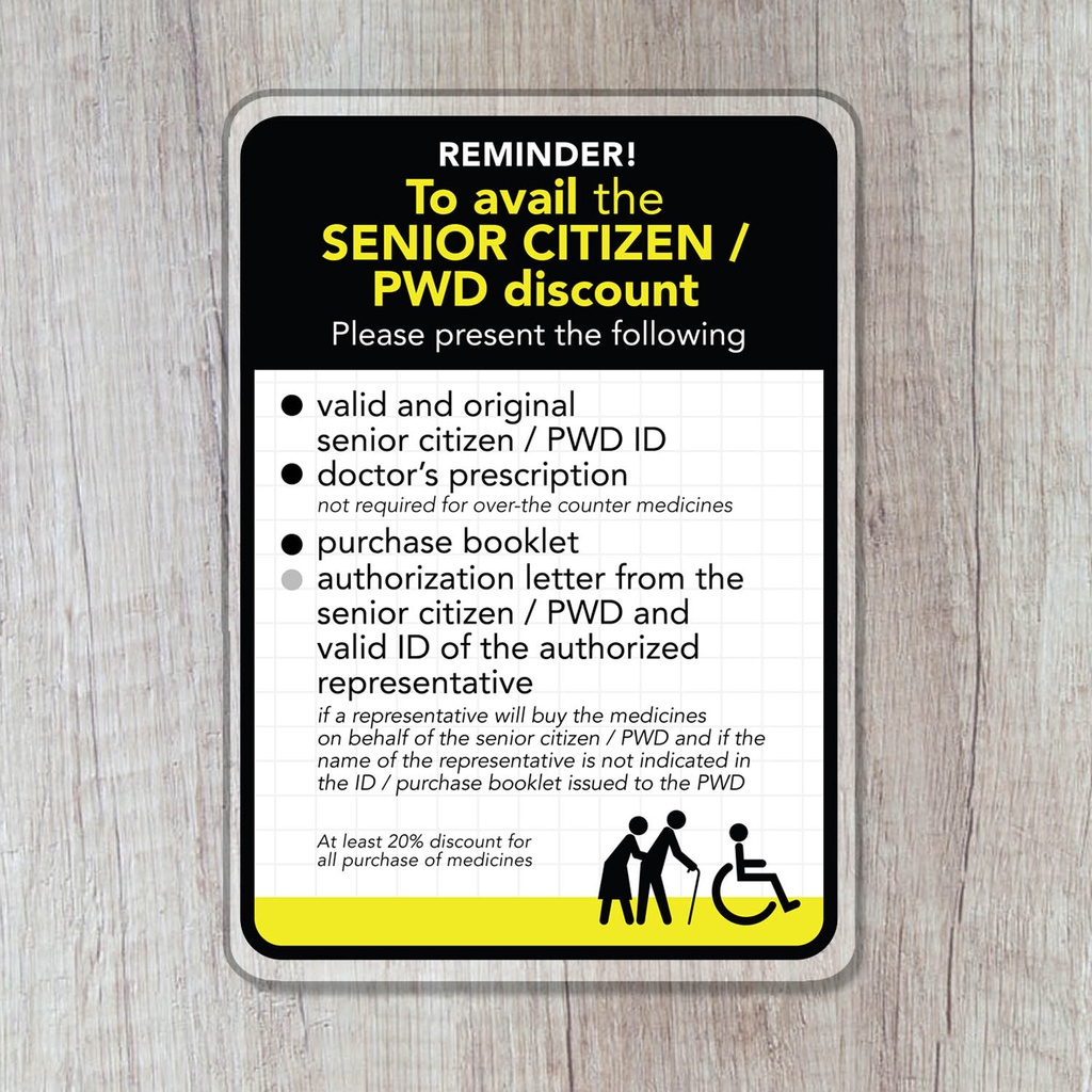 Senior Citizen PWD Medicine Discount Requirements Sign Signage