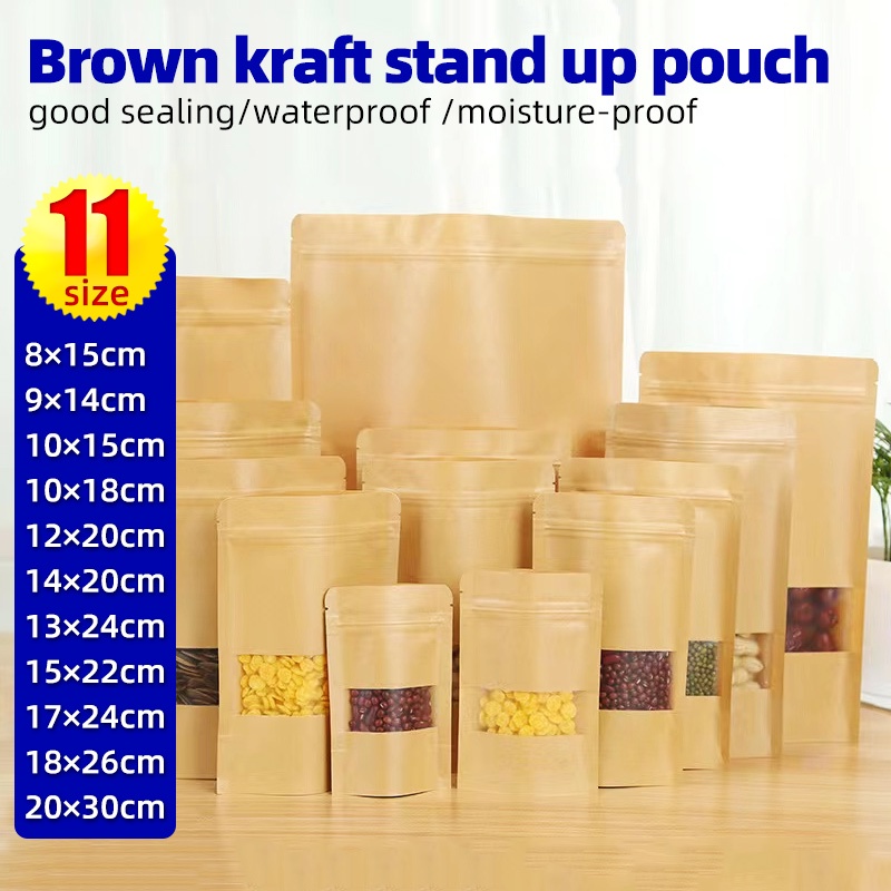 50pcs 100pcs Brown Kraft Stand Up Pouch With Zip Lock Ziplock Plastic