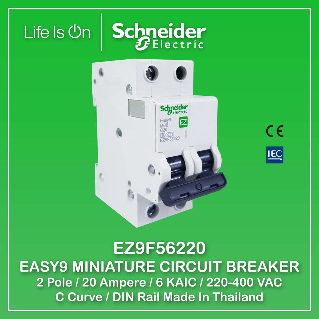 Schneider Electric Easy9 Miniature Circuit Breaker 2 Pole 16A 63A Curve