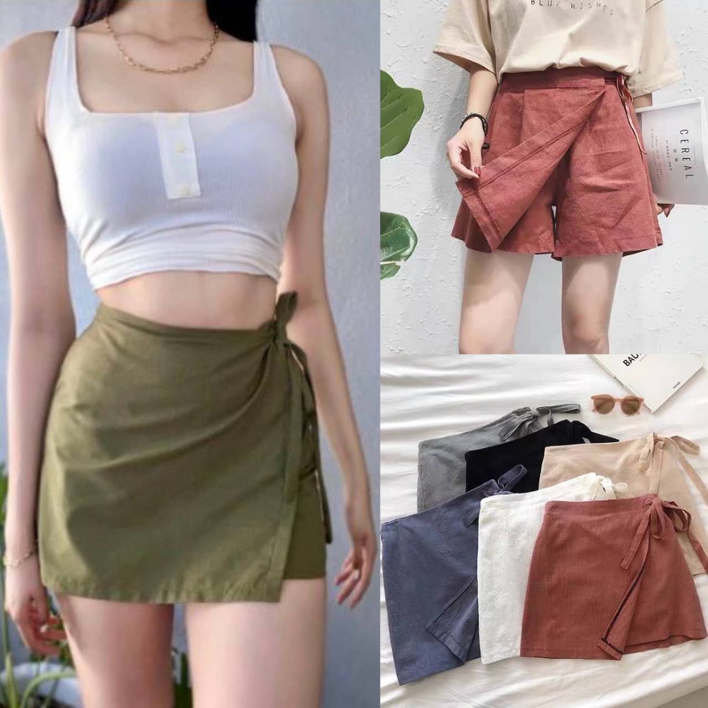 Korean Fashion Skort Palda Shorts Cotton Linen Skort Tie Side Wrap