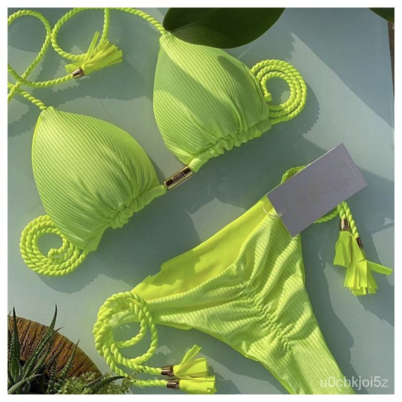 Neon Tassel Bikini Women Ribbed Swimsuit Sexy Swimwear Micro Thong