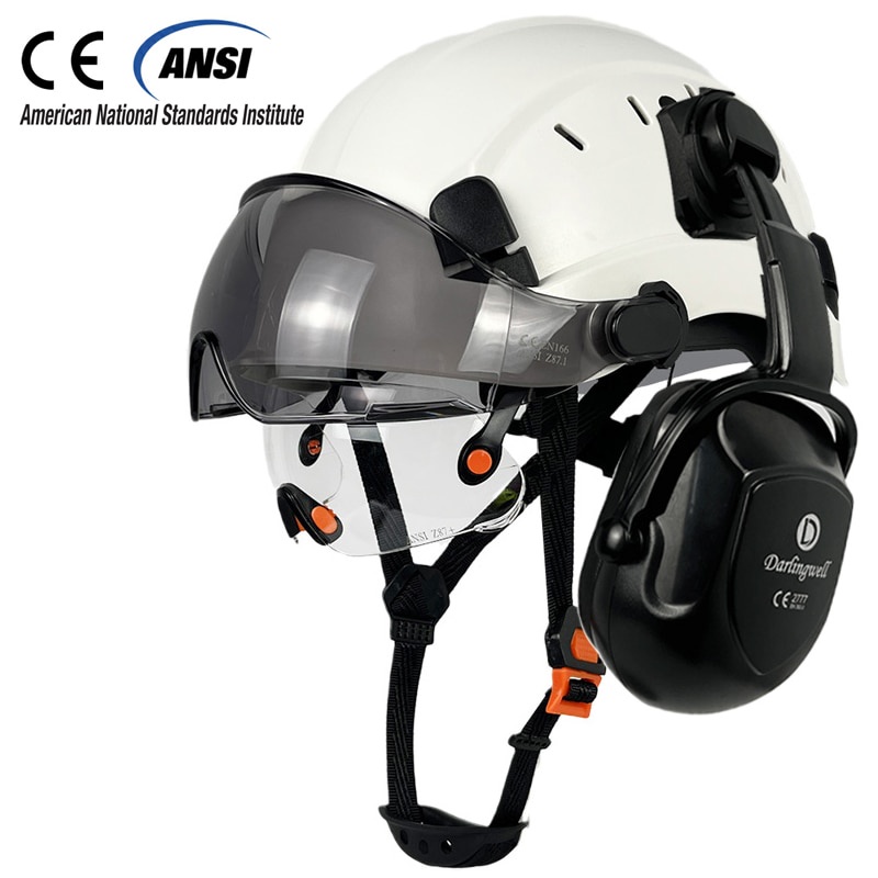 CE Construction Safety Helmet With Visor Built In Goggle Earmuffs For