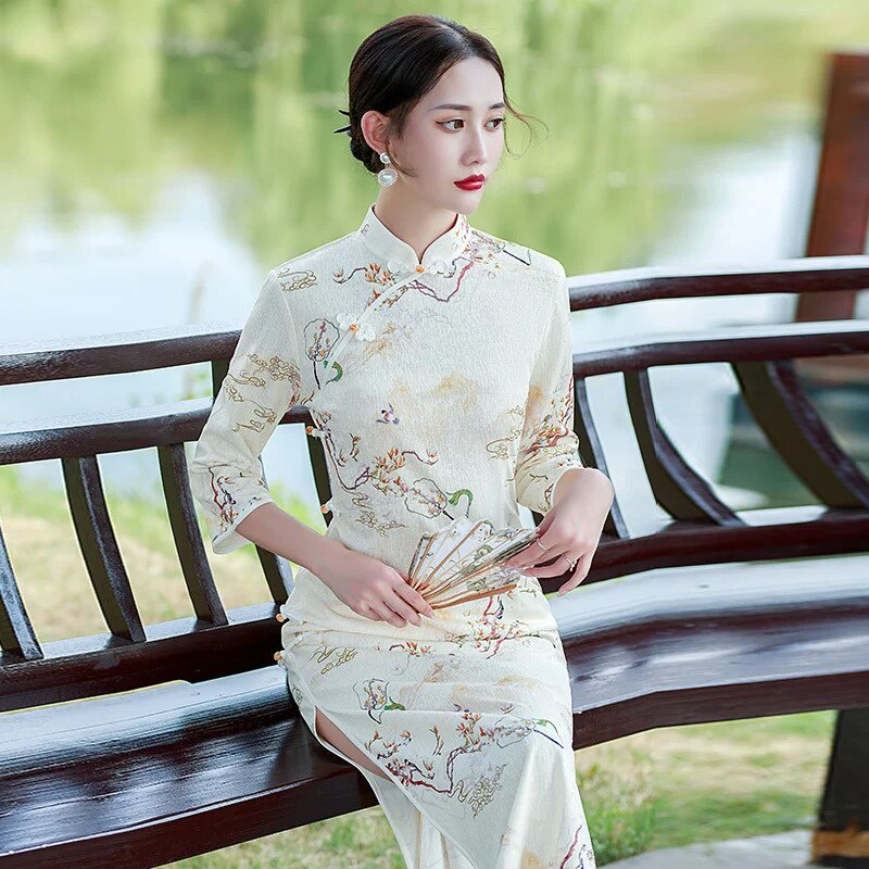 23f Sheng Coco Cheongsam Long Sleeves Slit Silk Qipao Dress New Chinese