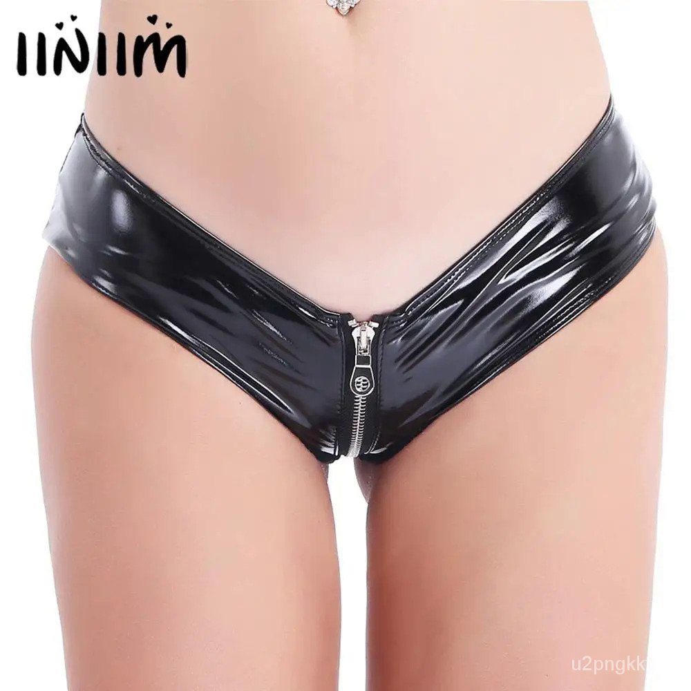 Women Patent Leather Open Crotch Crotchless Panties Latex Micro Bikini