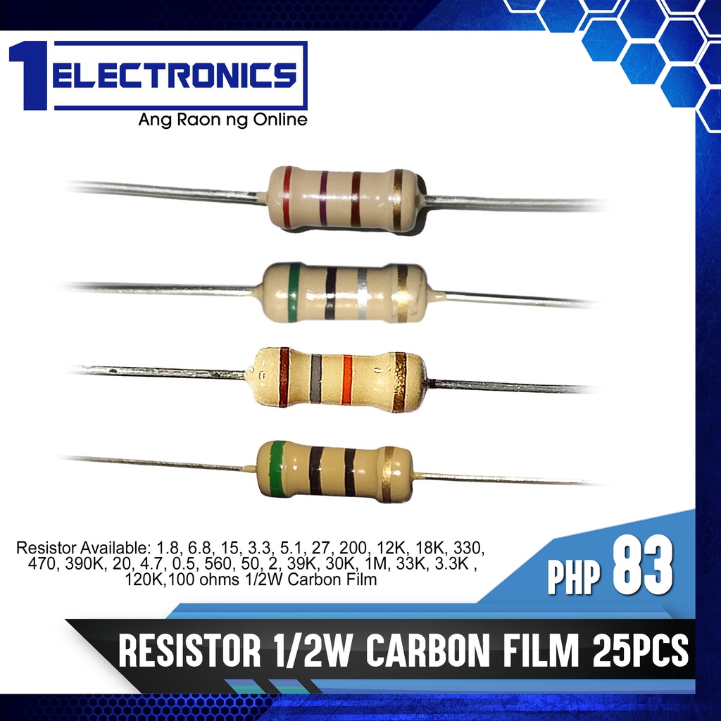 1Electronics Resistor 1 2W 25pcs Each 1 8 6 8 15 3 3 5 1 27 200