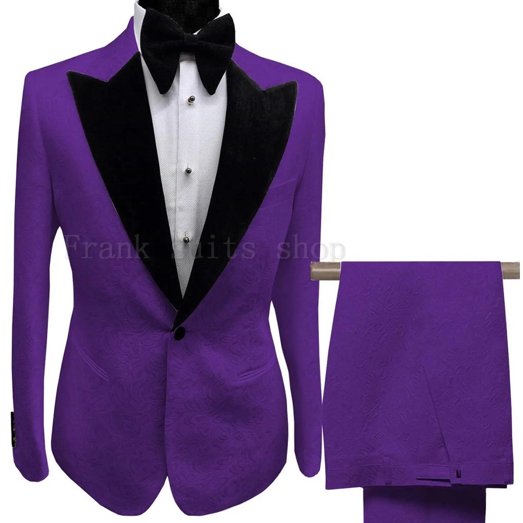 Y Custom Made Men Suit Pieces Purple Jacquard Tuxedo Party