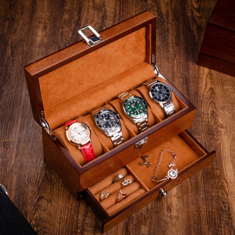 Wooden Watch Box Organizer Case Double Layer Brown Men S Watch