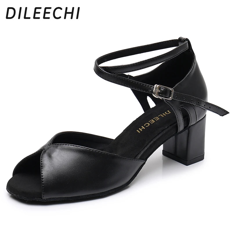 Dileechi Latin Dance Shoes Women S Black Real Leather Squre Party