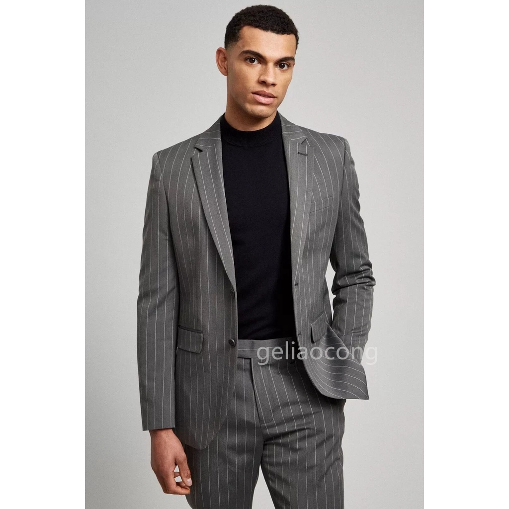 23y Handsome Gray Striped Wedding Dress Slim Fit Costume Homme Men