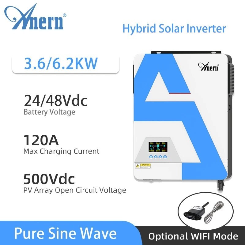 Anern 24v 48v Hybrid Inverter 6 2KW 3 6KW Off Grid Solar Inverter Pure