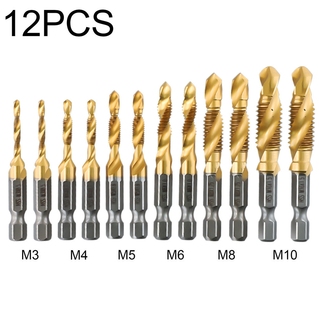 12pcs Titanium Coated HSS Tap Drill Bits Set Hex Shank HSS Screw Thread