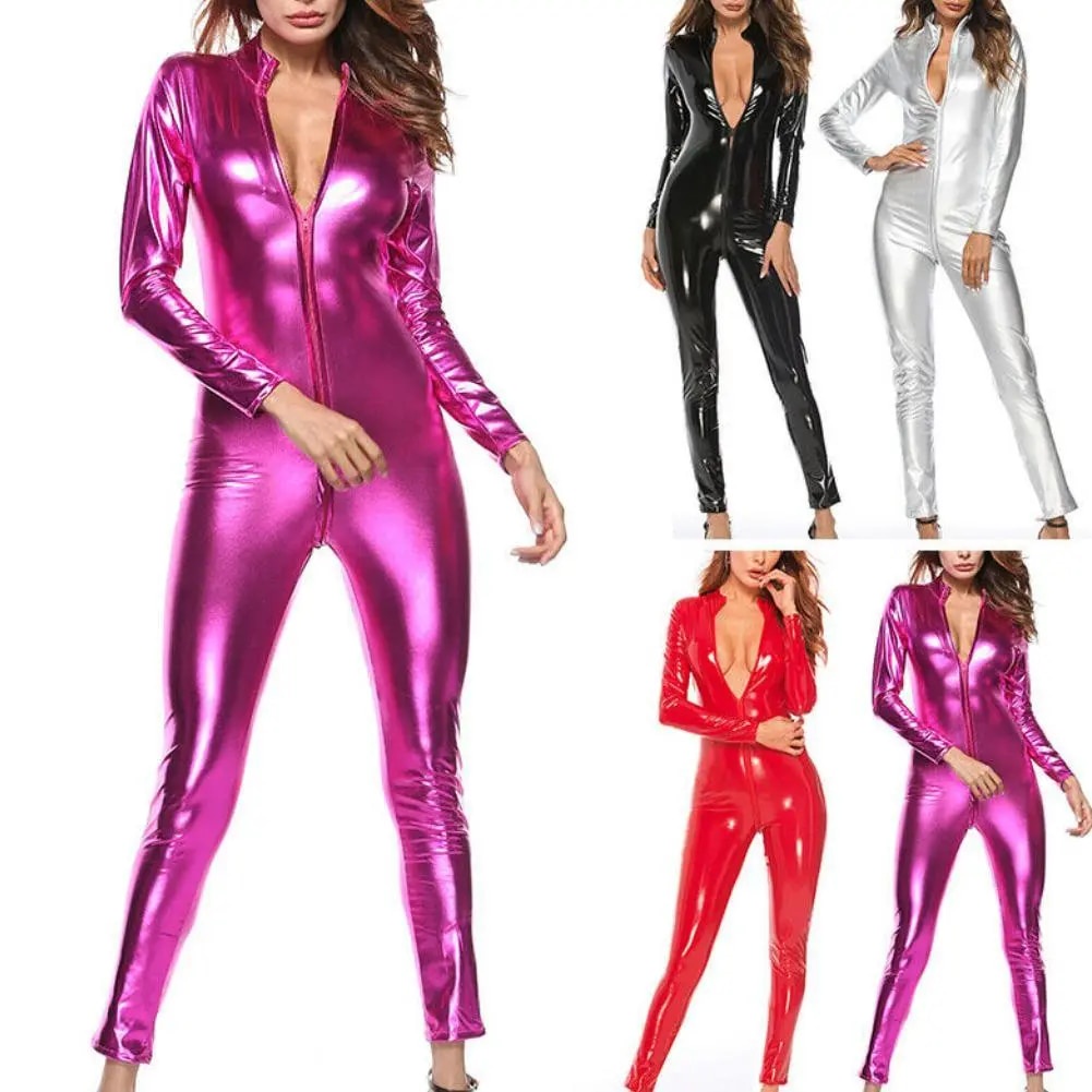 Erotic Sexy Hot Women Faux Leather Catsuit Latex Bodysuit Front Zipper