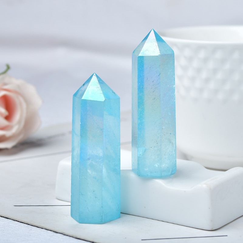 Natural Blue Aura Clear Quartz Crystal Point Electroplating Wand