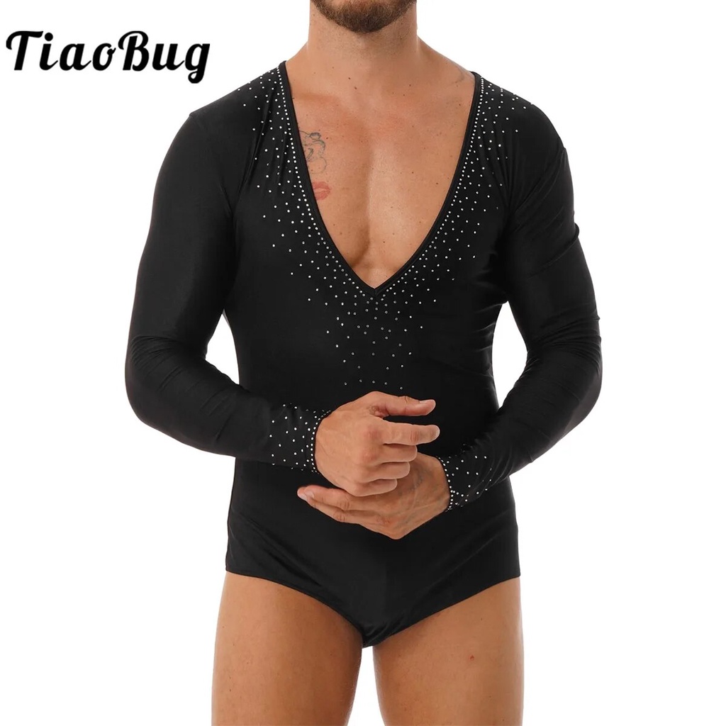 L Mens Sparkle Rhinestones V Neck Ballet Latin Tango Dance Leotard