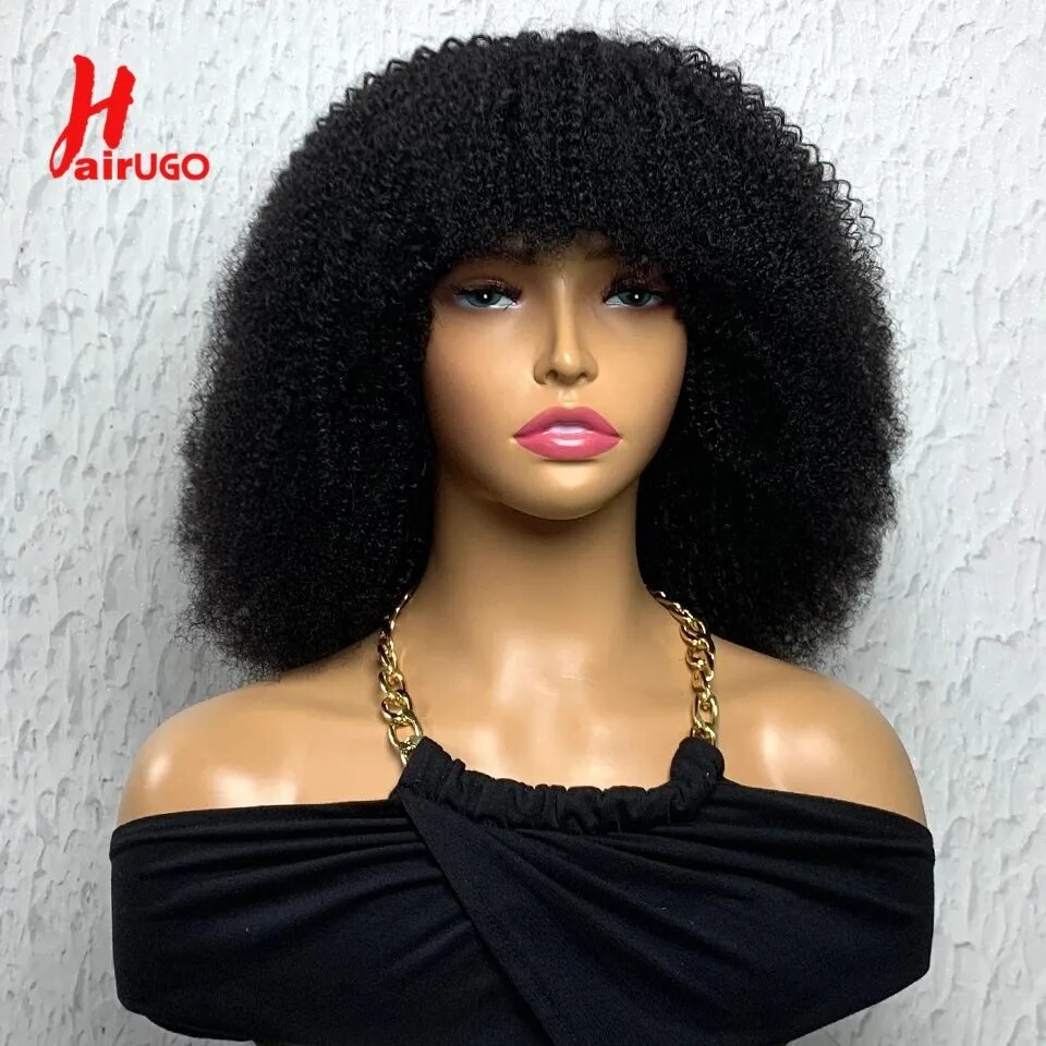 Afro Kinky Human Hair Wig With Bangs Machine Made Afro Kinky