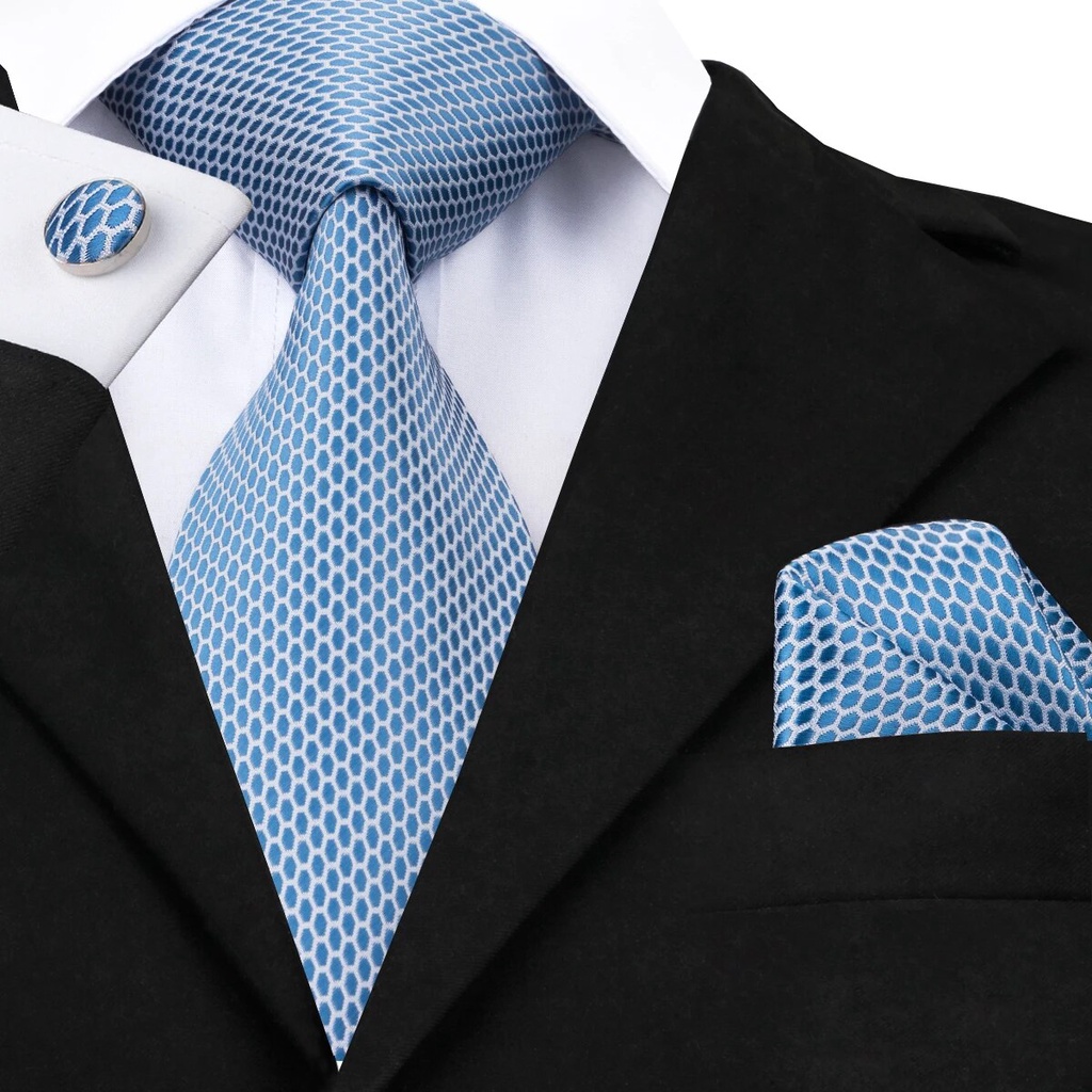 Light Blue Solid Plaid Design Silk Wedding Tie For Men Handky Cufflink