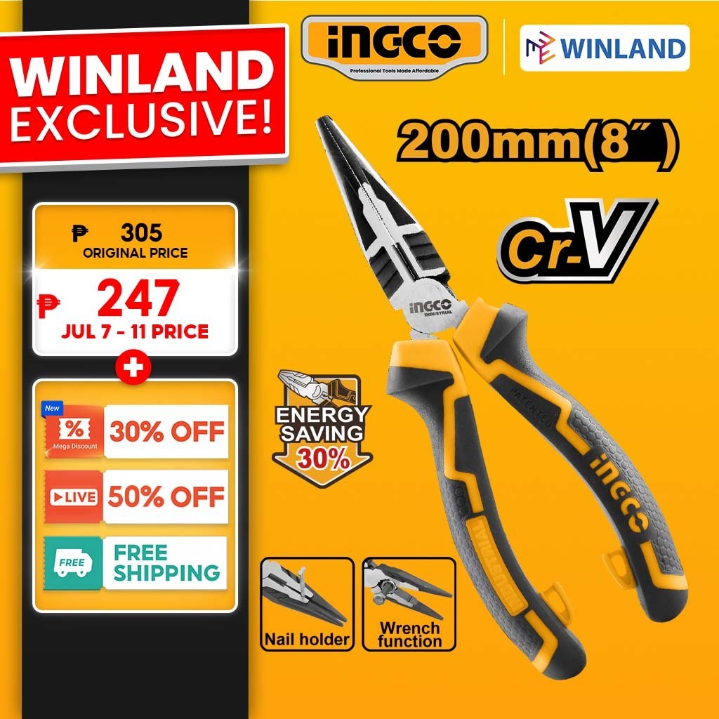 Ingco By Winland High Leverage Long Nose Pliers 8 200mm CR V Plier