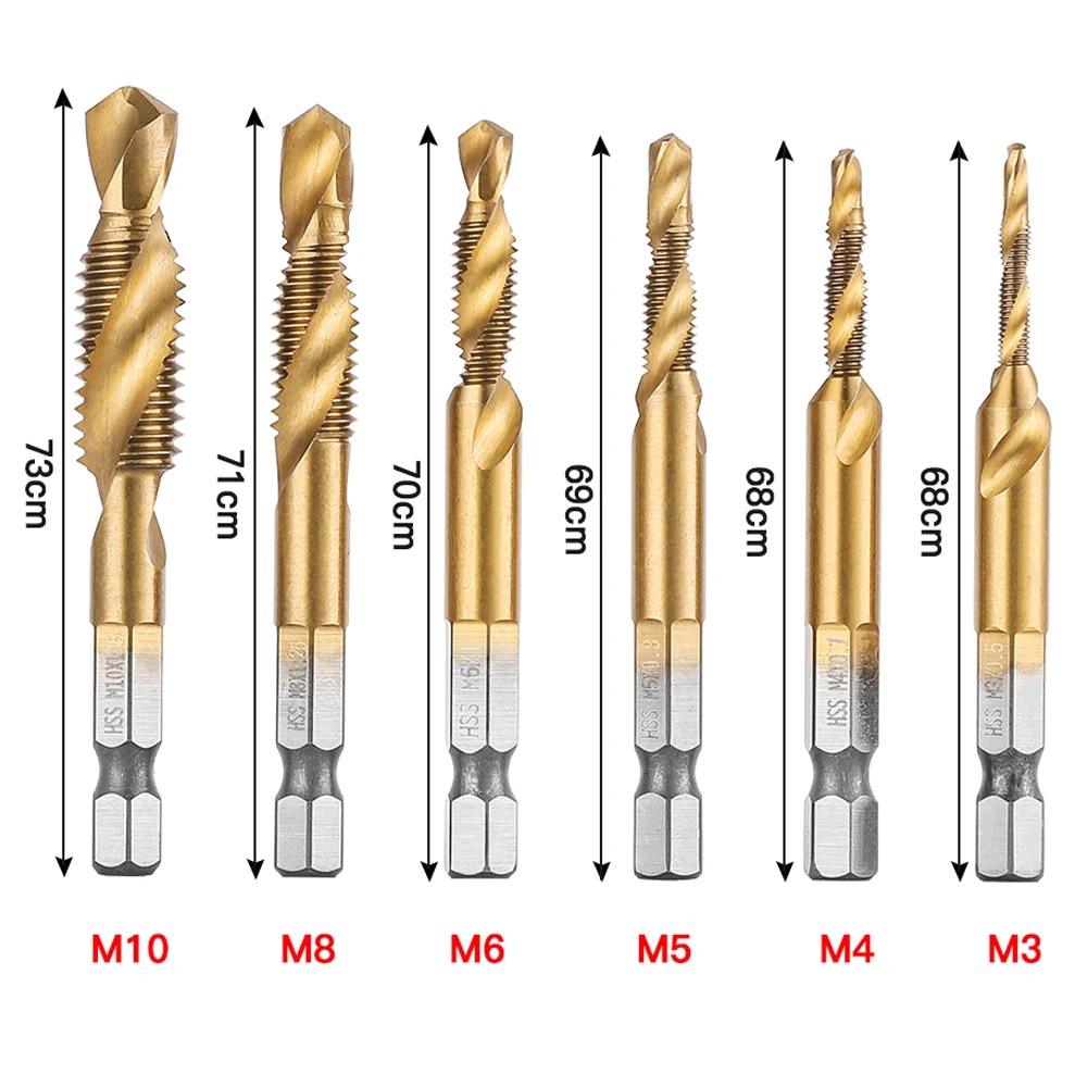 56I 6Pcs Hex Shank Titanium Plated HSS Metric Spiral Taps Drill Bits