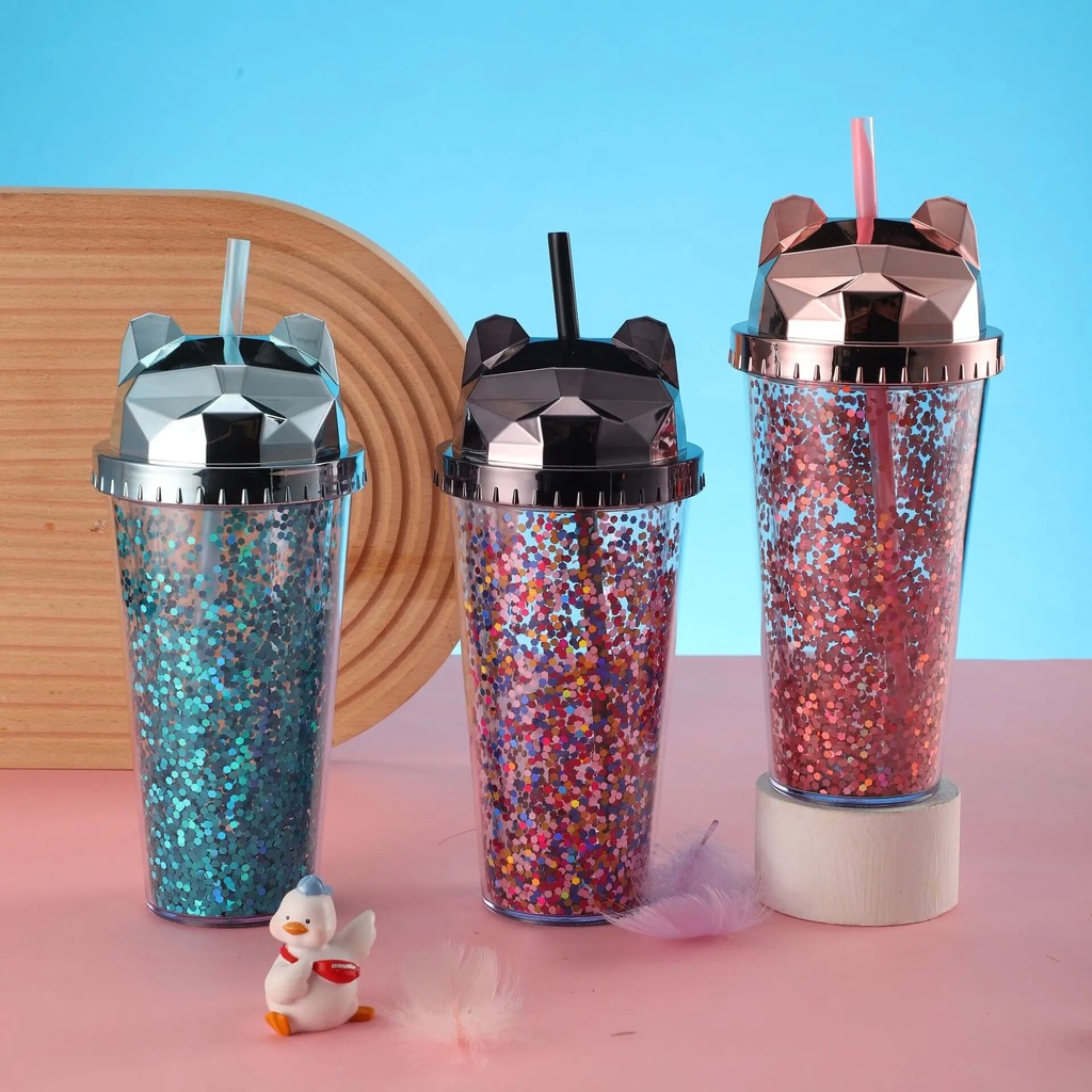 86y 400ml Sequined Glitter Water Bottle Double Wall Tumbler With Straw