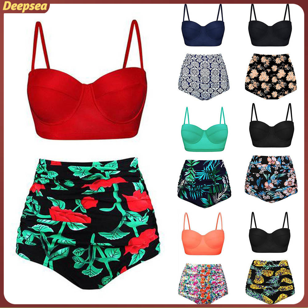 Deepsea Flower Leaves Print Ruched High Waist Bikini Set Summer Two