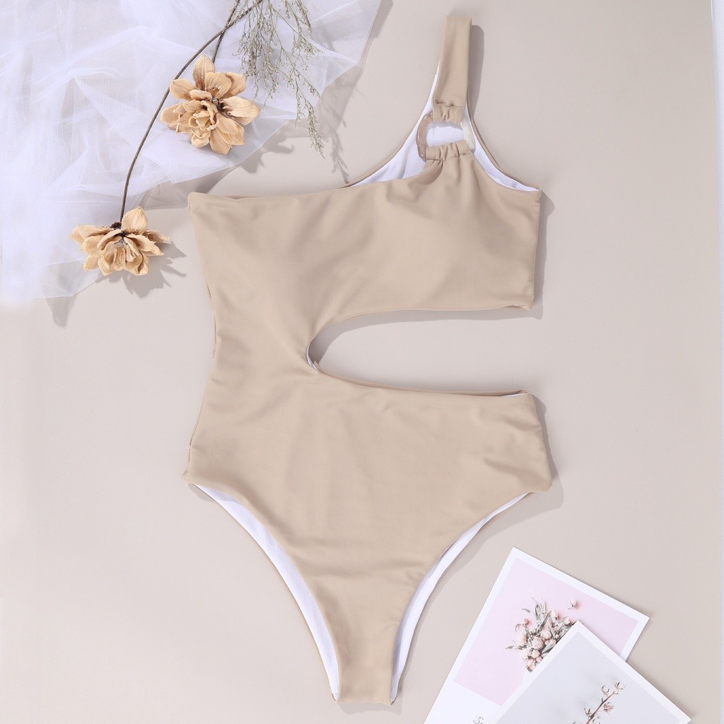 Women Swimsuit Nude Color Single Shoulder Waist Hollow Out One Piece