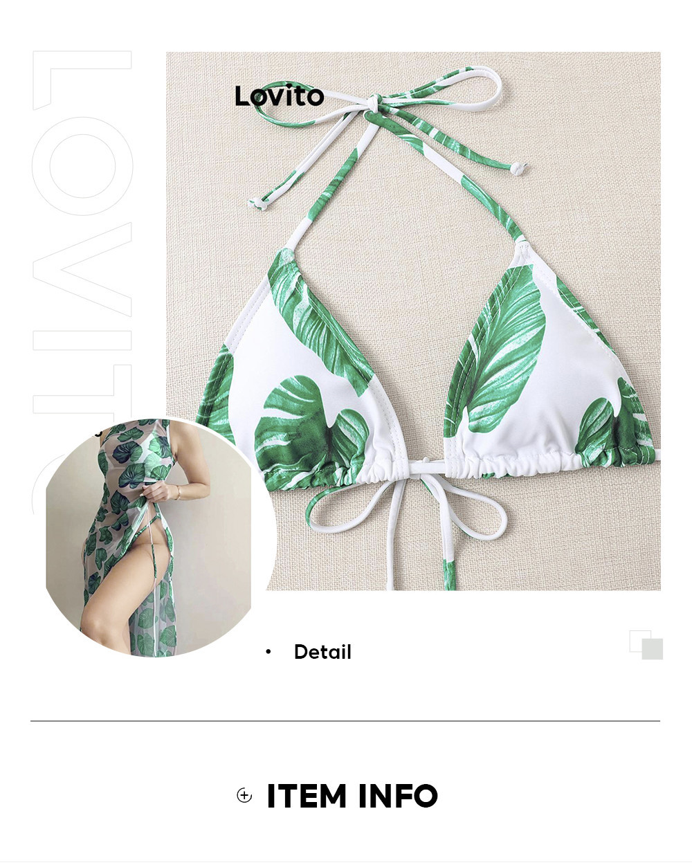 Lovito Women Sexy Plants Lace Up Split Thigh Bikini Set LNL43180