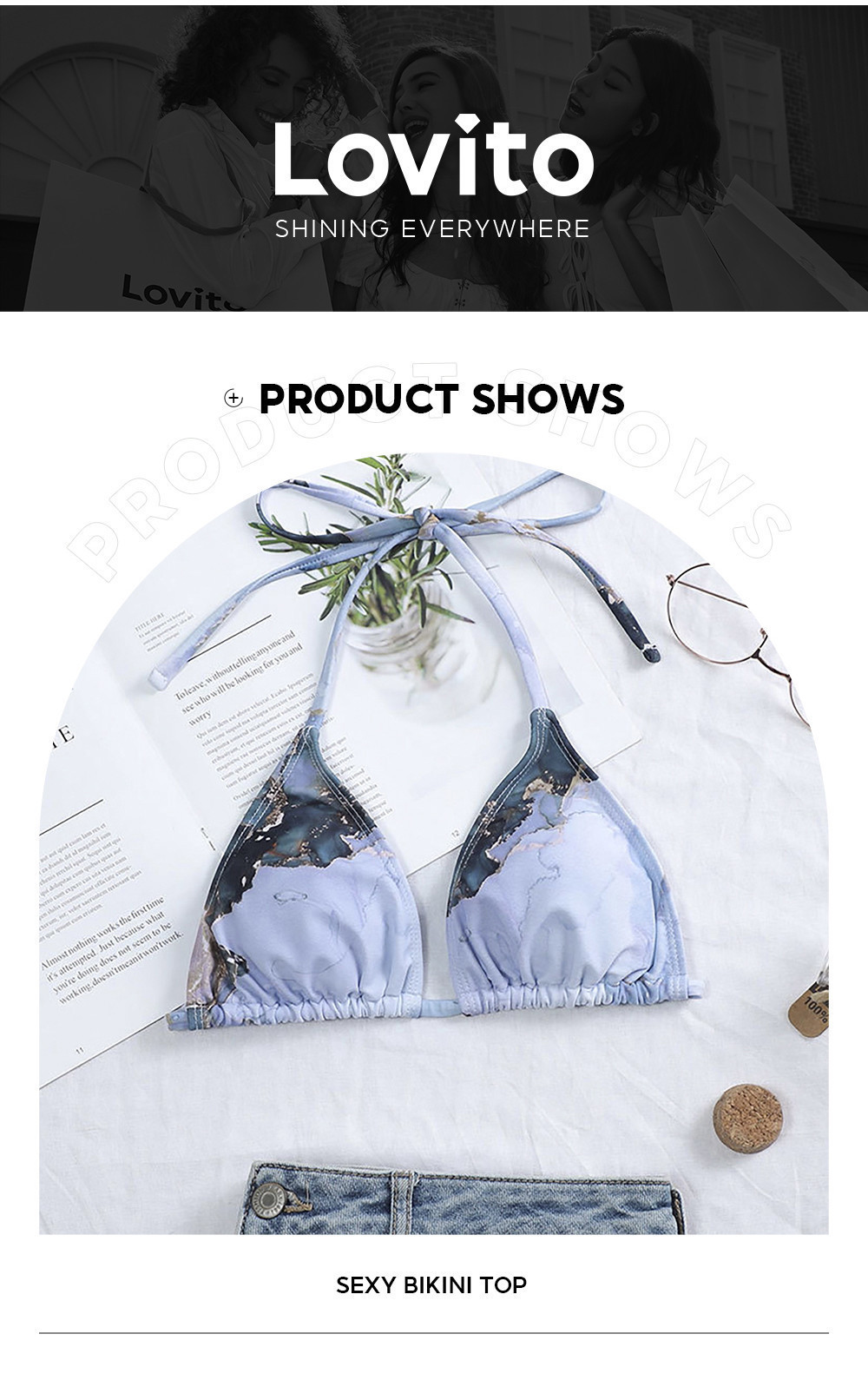 Lovito Women Sexy Bikini Top Marble Tie Back Bikini Top LNL41019 Multi