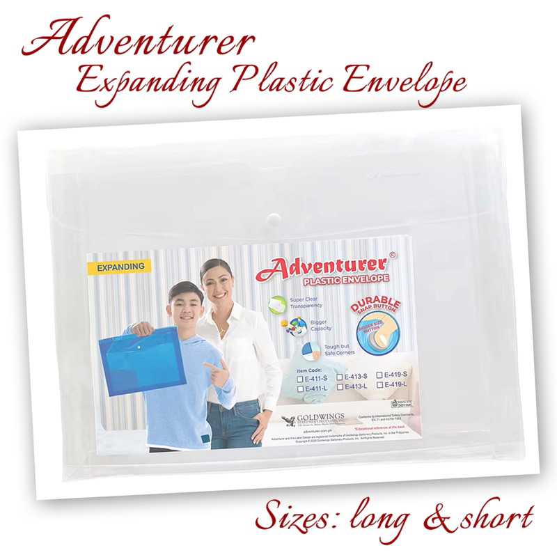 Adventurer Expanding Plastic Envelope Transparent Snap Button Long And