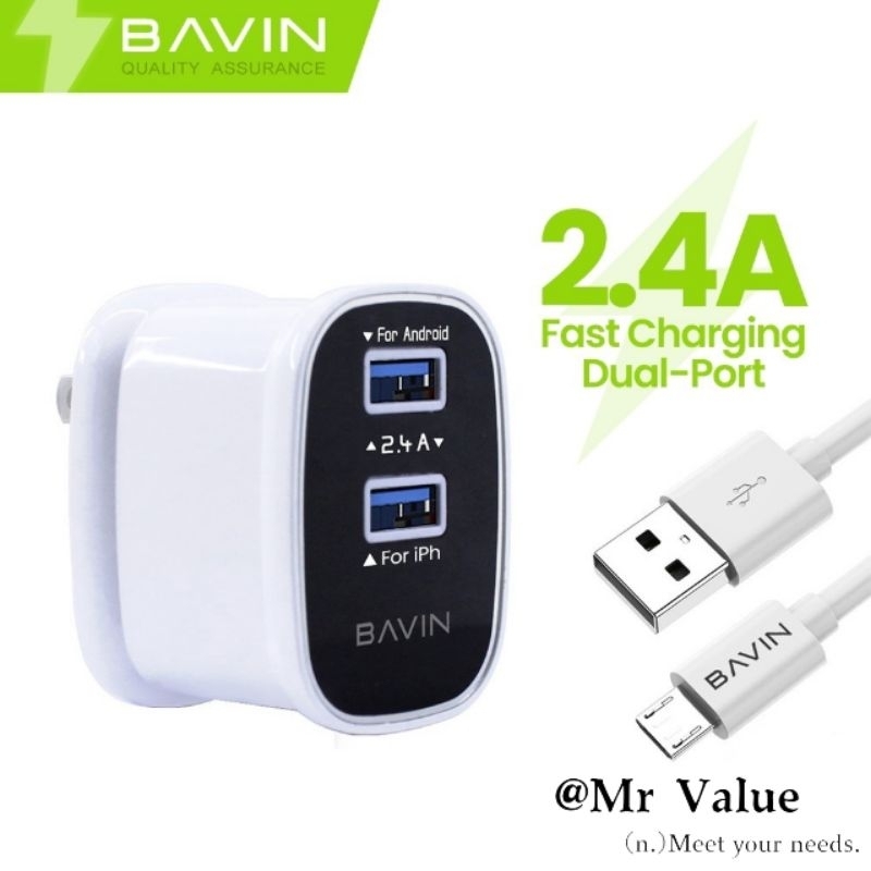 Original BAVIN 2 4A Fast Charging Dual USB AC Adapter With Cable Quick