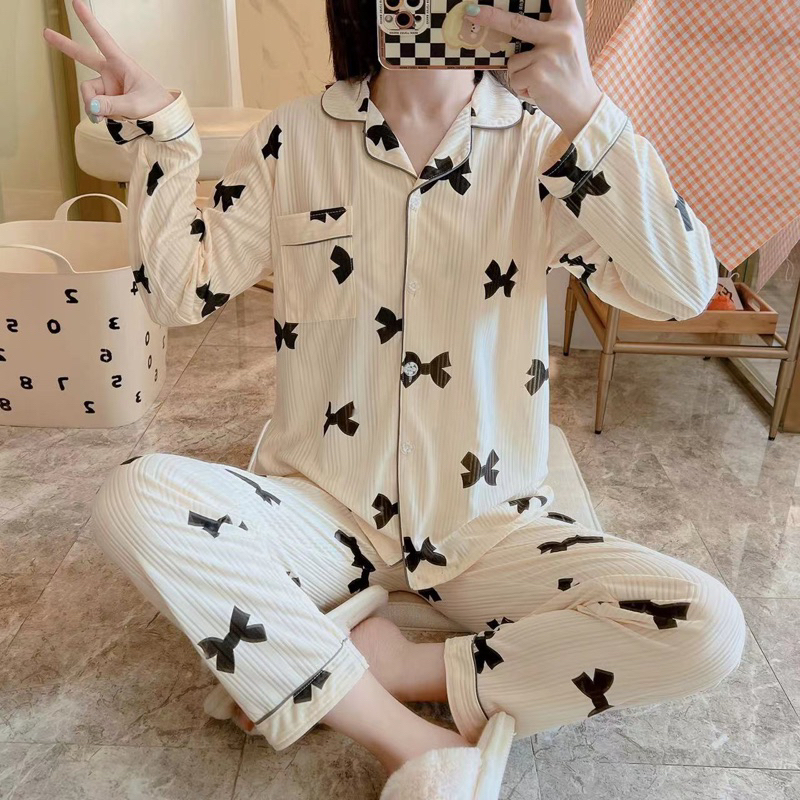 Wankorean Cotton Long Sleeves Pajama Set Sleepwear Terno Shopee