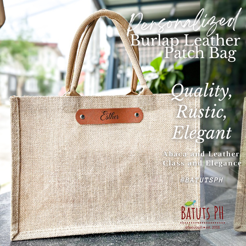 BatutsPh Personalized Burlap Abaca Bag With Leather Patch Name