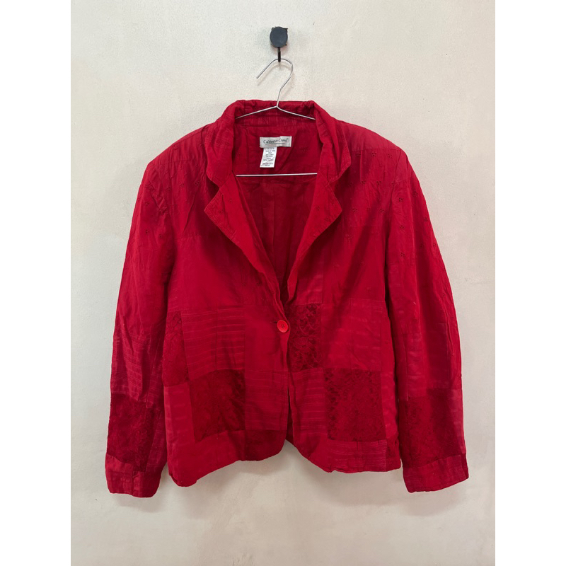 Coldwater Creek Red Padded Blazer With Eyelet And Floral Lace Patterns