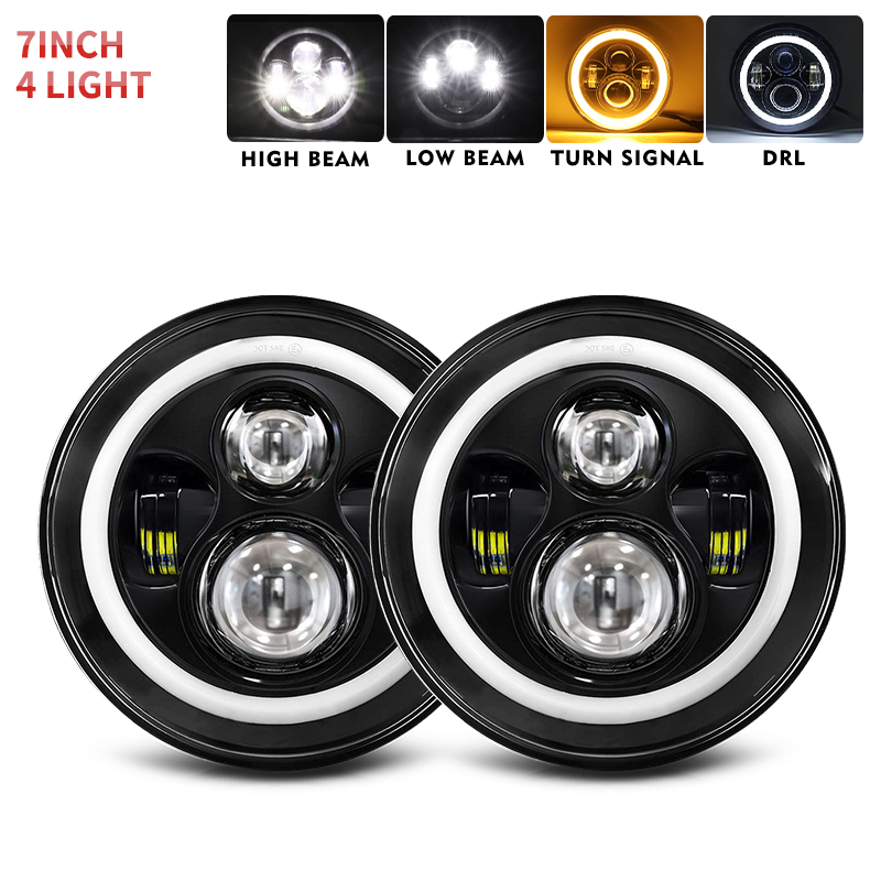 7Inch LED Headlights DRL Hi Lo Beam 60W Halo Ring Amber Angel Eye For