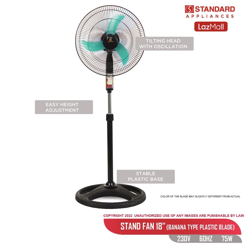 Standard Stand Fan 18 Banana Type Plastic Blade Random Color STS 18